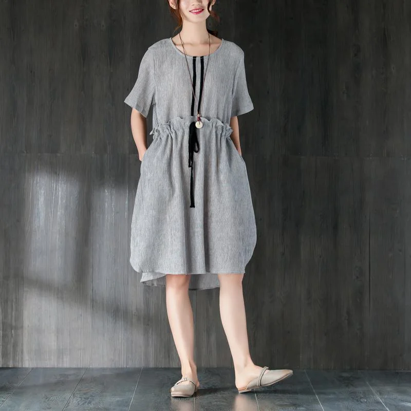 Trendy New Clothes stylish Midi cotton dresses Loose fitting Gray Women Summer Dress with Ruffles and Ribbon