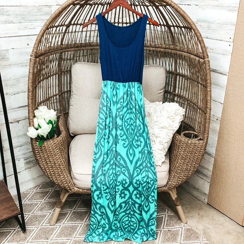 Wardrobe Refresh Last Chance Size Small & Med. | Navy Blue Tank Maxi Dress with Mint and Grey Damask Pattern