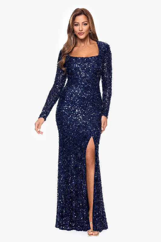 Women's Fashion Hotspots "Siobhan" Long Sleeve Beaded Sequin Mesh Long Sleeve Floor Length Dress