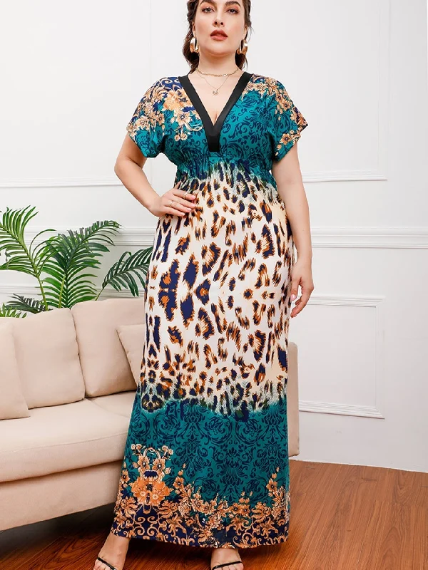 Fashion Essentials KittenAlarm - Plus size Black Leopard Smocked Waist Maxi Dress