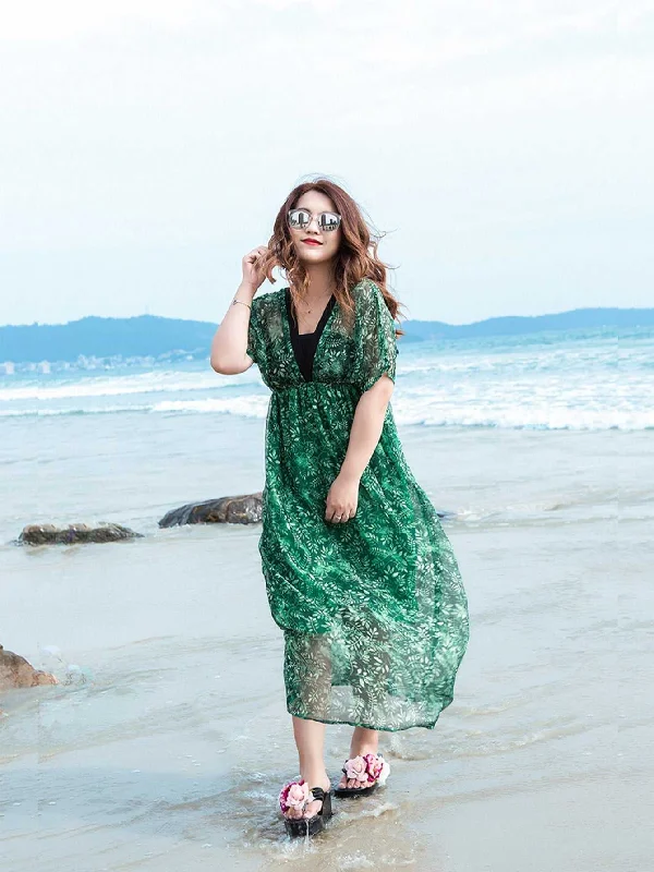 Best Online Boutiques KittenAlarm - Plus size Green Plant Print Deep V-Neck High Waist Contrast Color Piping Dress