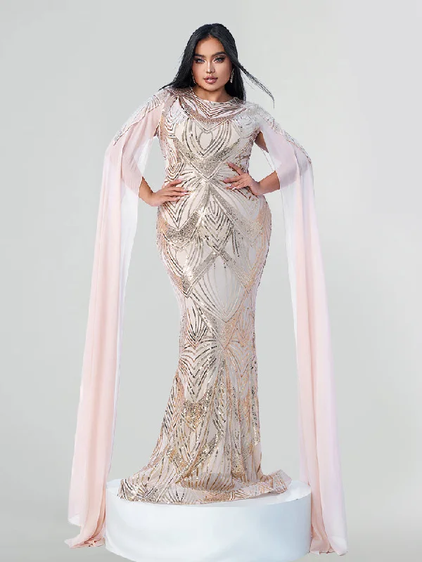 Clearance Sale Online Plus Champagne Sequin Embellished Sheer Cape Sleeves Mermaid Maxi Dress