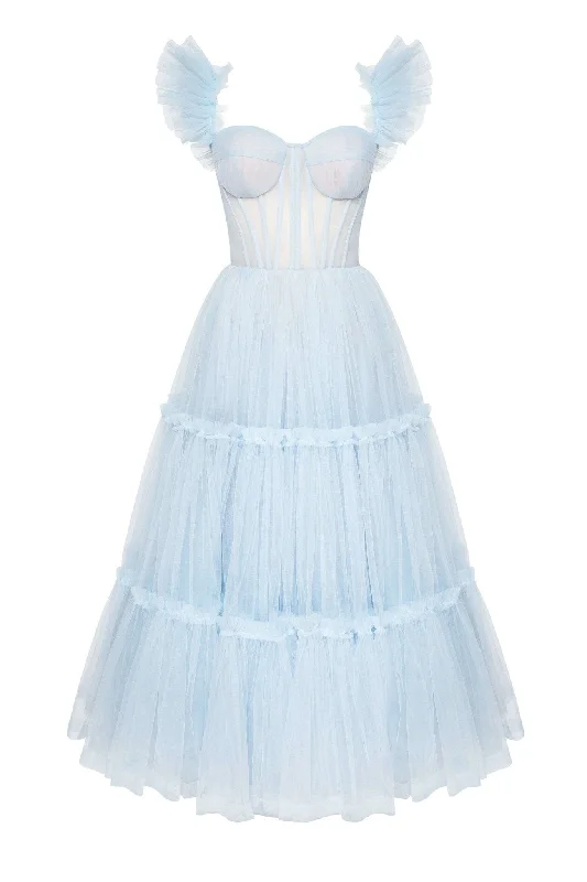 Trendy Attire For Her Light Blue Ruffled Tulle Midi Dress