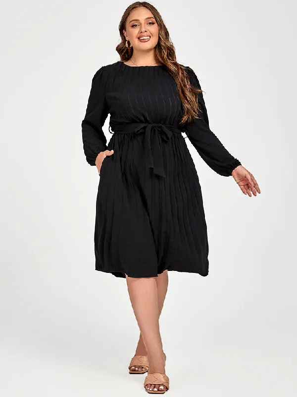 Flash Sale Starts Plus Black Pleated Pocket Solid Tie Midi Dress