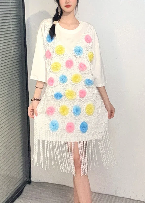 Daily Deals White Print Tassel Mid Dresses Short Sleeve