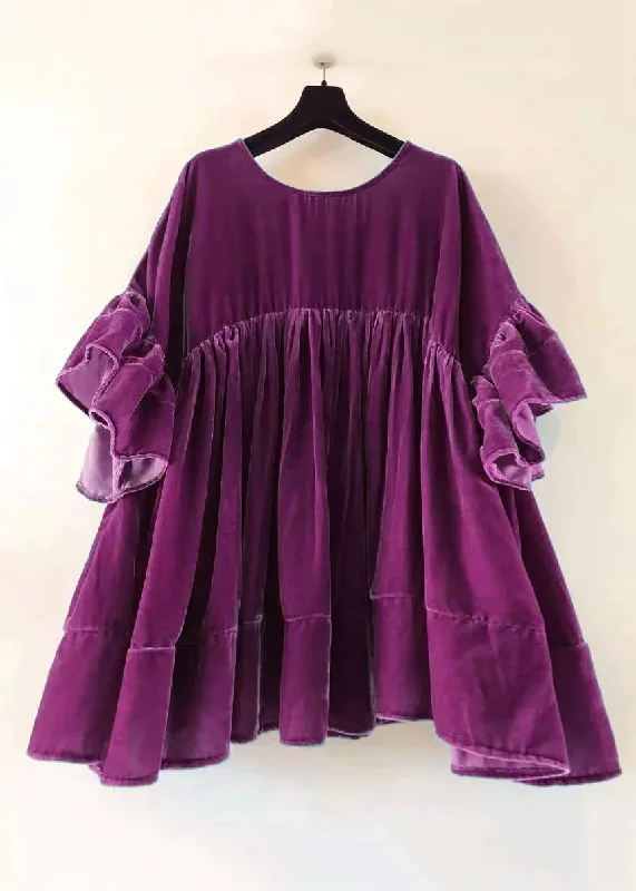 Women's Online Clothing Boutique Plus Size Purple Wrinkled Patchwork Velour Short Dress Butterfly Sleeve