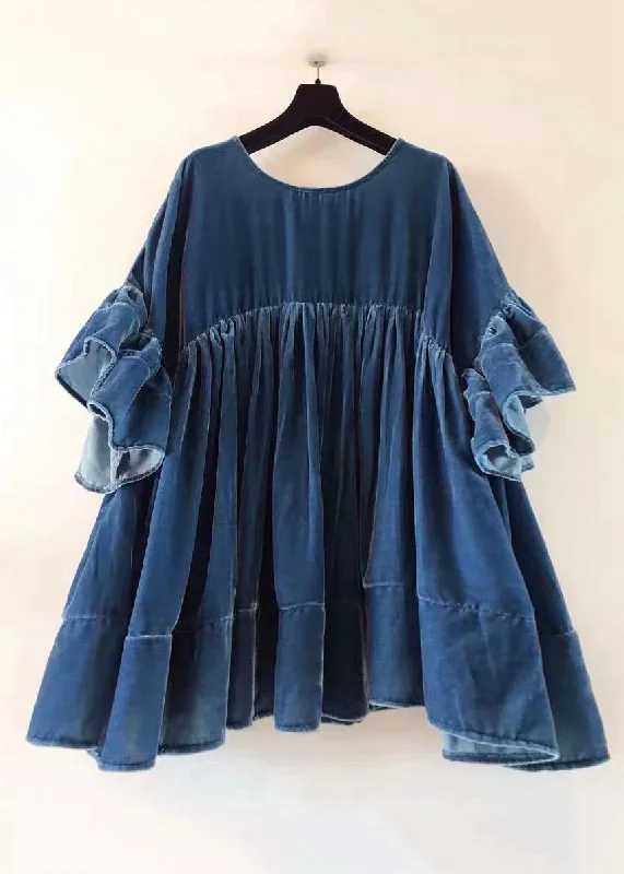 Embrace New Fashion Plus Size Blue Wrinkled Patchwork Velour Short Dress Butterfly Sleeve