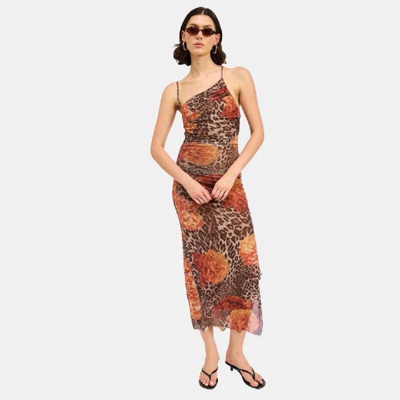 Premium Quality Garments Mesh Printed One Should Maxi Dress (Leopard Orange Floral)