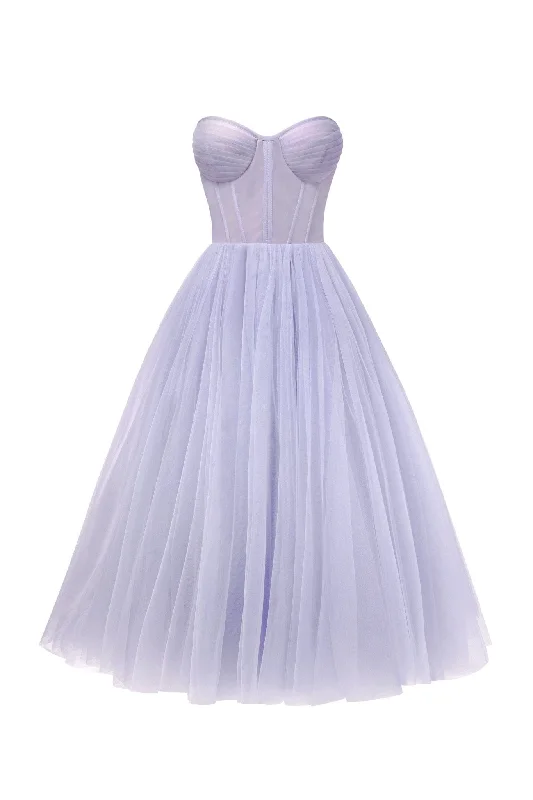 Classic Women's Fashion Lavender Strapless Puffy Midi Tulle Dress