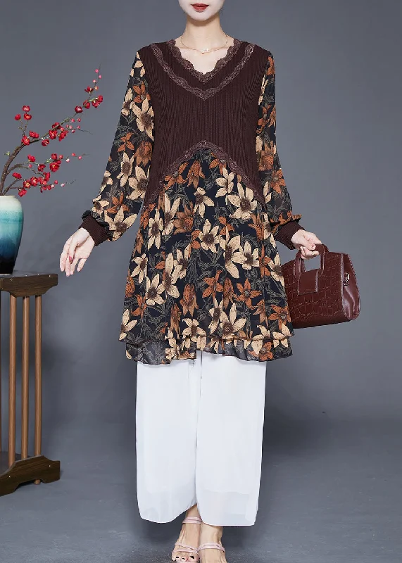 Classic Women's Clothing Styles Coffee Patchwork Chiffon Knit Holiday Dress V Neck Print Fall