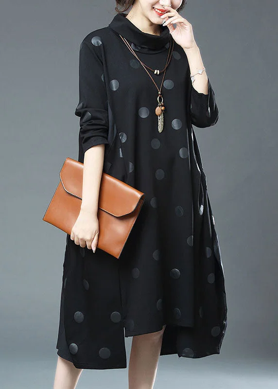 Plus Size Women's Fashion and Clothing Fashion Black Dot Print Drawstring Patchwork Cotton Dresses Fall