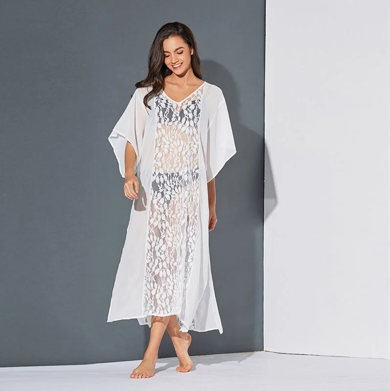 Flash Sales Today KittenAlarm - Women Lace Sheer Hollow Short Sleeve Side slit Long Maxi Sun Dress