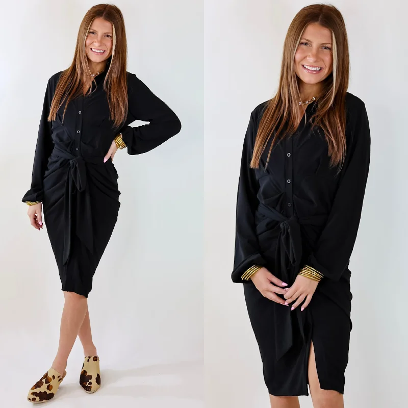 Clothing Store Heart On The Line Button Up Ruched Front Midi Dress with Waist Tie in Black