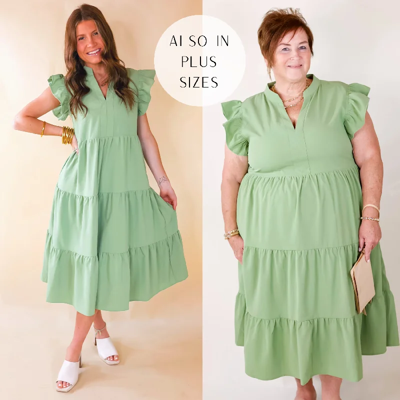 Chic Women's Outfit Ideas Last Chance Size Small, Medium & XL | Magnolia Morning Ruffle Cap Sleeve Tiered Midi Dress in Sage Green