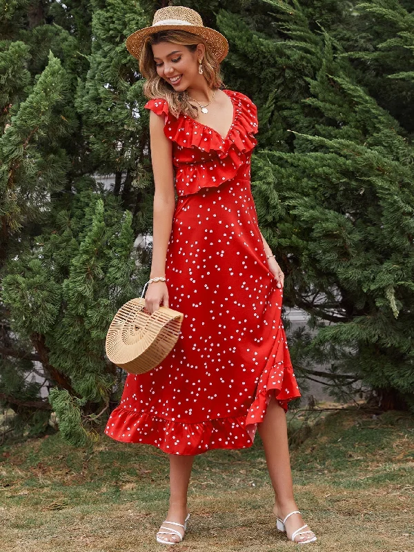 Versatile Wardrobe Essentials KittenAlarm - New High-waist Ruffled Slim-fit Polka-dot Sleeveless Red Dress