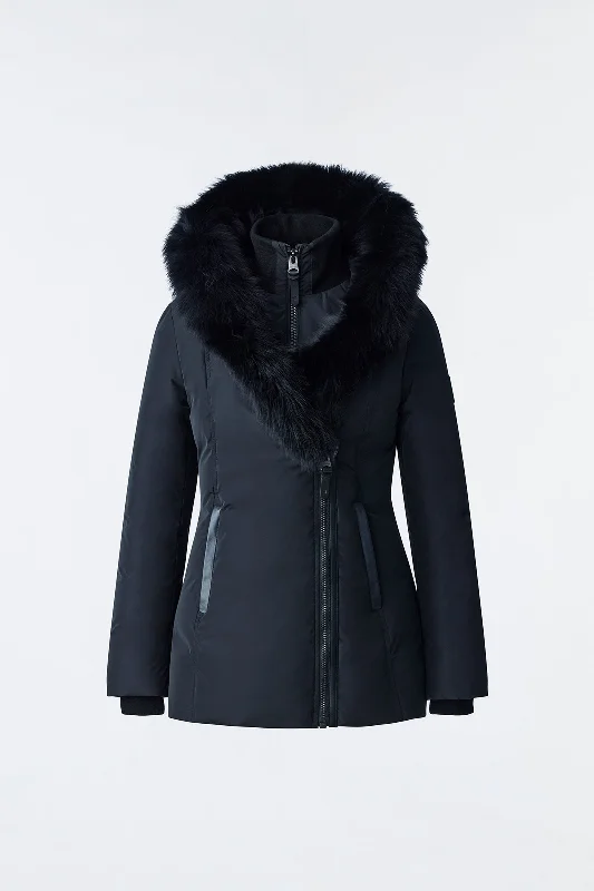 Free Spirited Fashion ADALI Down coat with blue fox fur Signature Mackage Collar Black