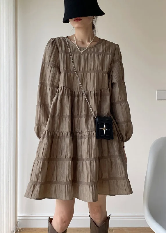 Signature Style Essentials Khaki Patchwork Cotton Mid Dresses Wrinkled O Neck Fall