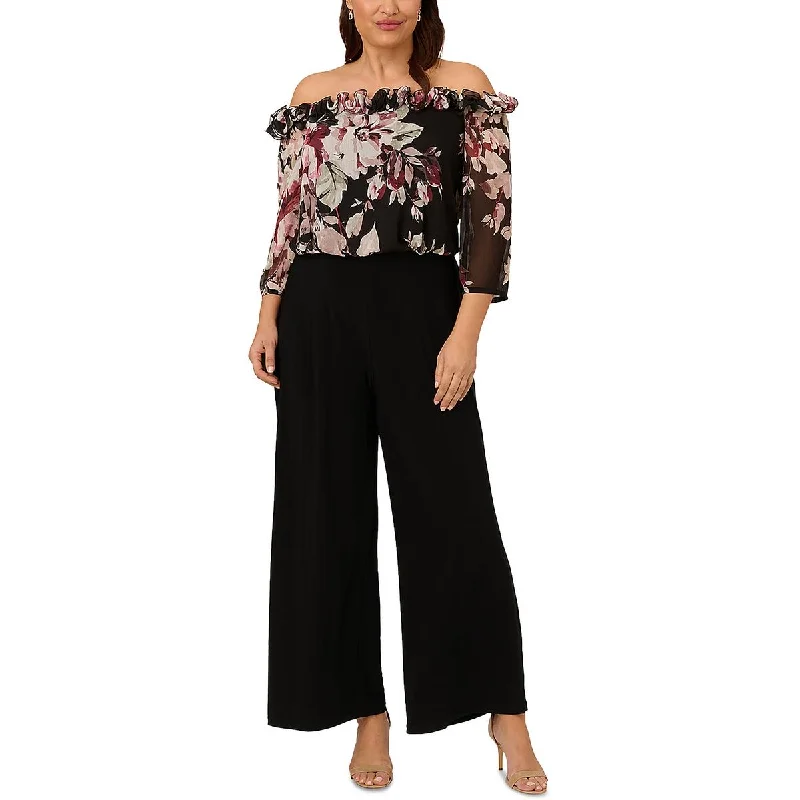 Online Boutiques Affordable Adrianna Papell Womens Plus Chiffon Off-The-Shoulder Jumpsuit