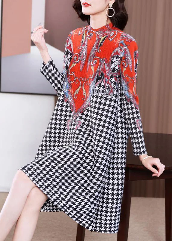 Huge Price Cut Women Red High Neck Plaid Wrinkled A Line Dress Spring