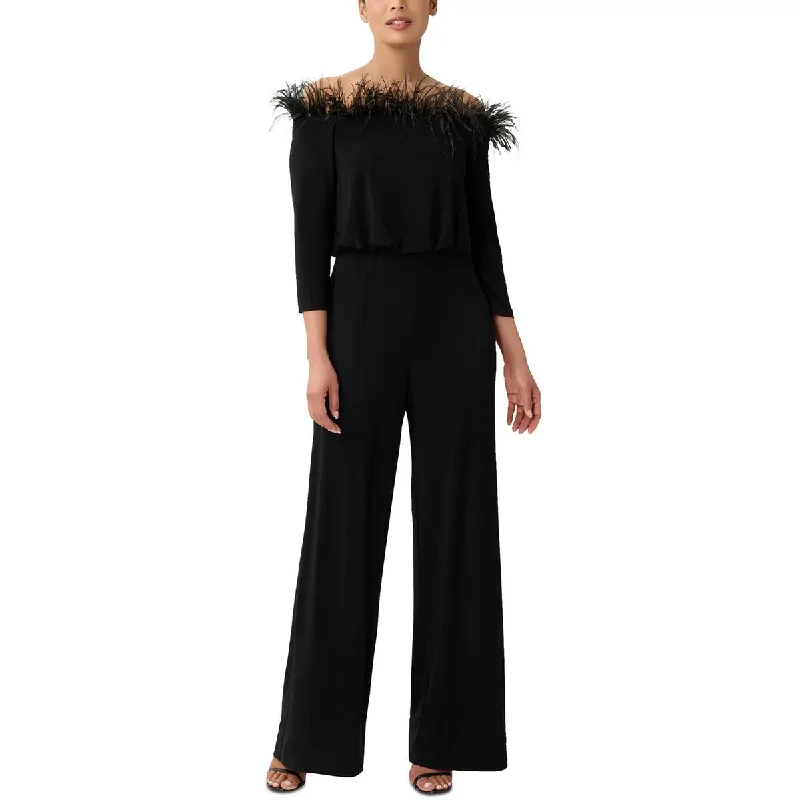 Online Boutiques Affordable Adrianna Papell Womens Feather-Trim Off-The-Shoulder Jumpsuit