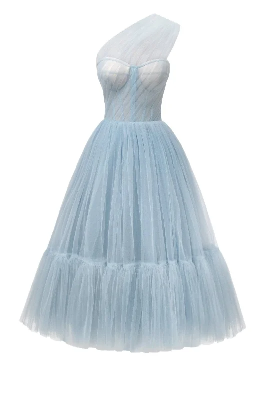 Holiday Discount Light Blue One-Shoulder Cocktail Tulle Dress