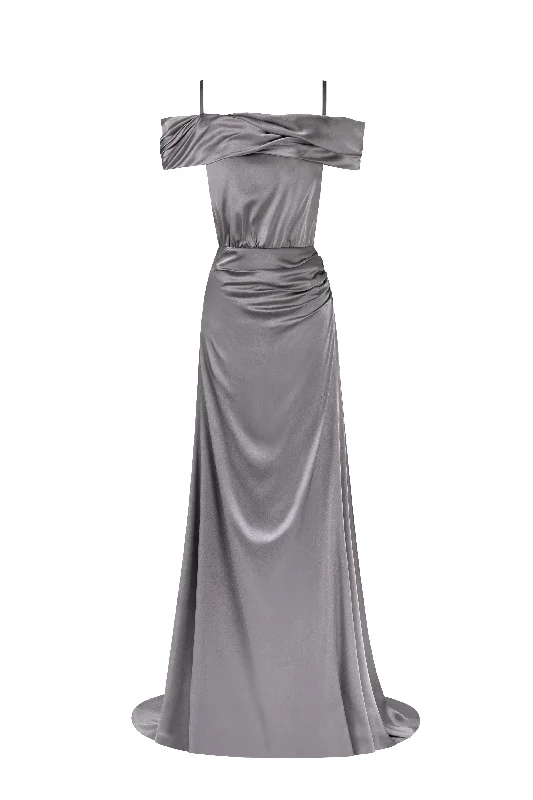 Trendy Online Boutiques Elegant silver off-the-shoulder silk maxi dress