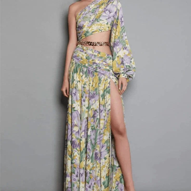 Trendy Fashion For Women KittenAlarm - Krissy One Shoulder Chain Embellishment Floral Maxi Dress