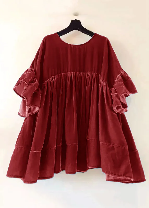 Seasonal Sale Plus Size Red Wrinkled Patchwork Velour Short Dress Butterfly Sleeve