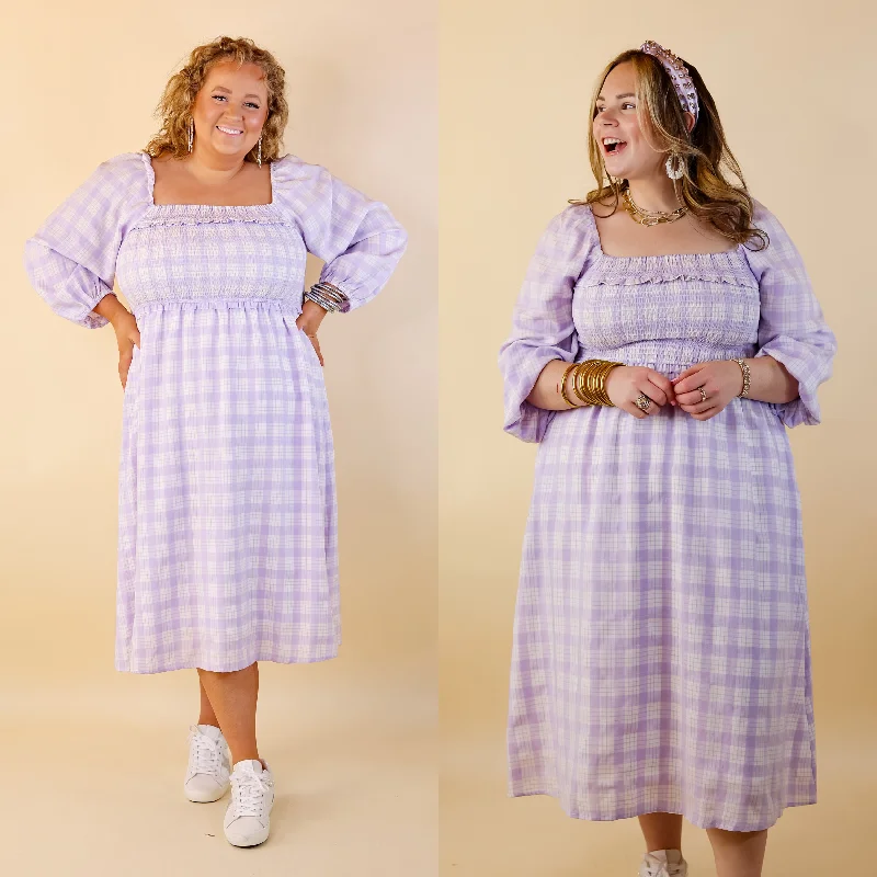 Premium Fabrics Adorable Impression Plaid Midi Dress with Smocked Bodice in Lavender Purple