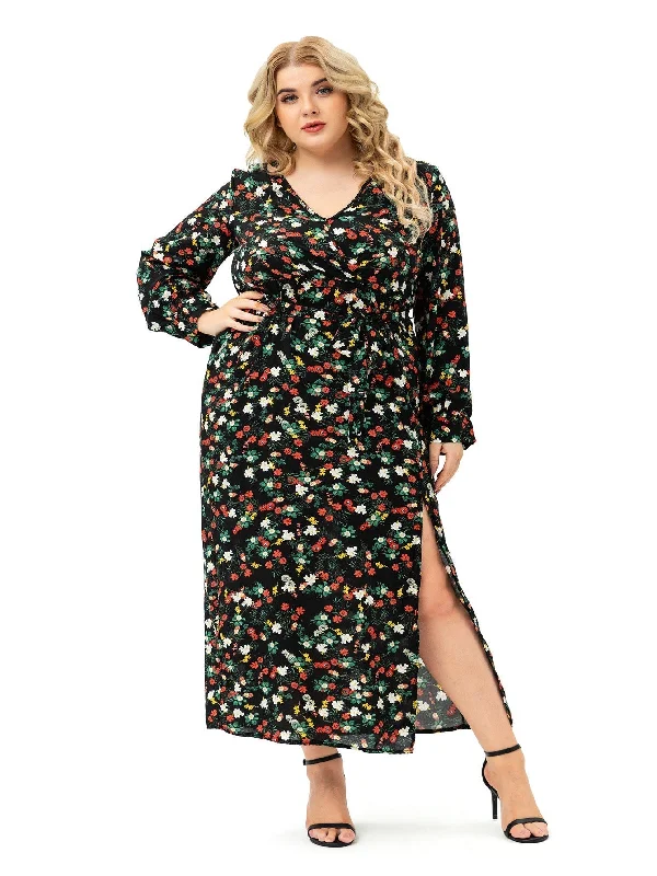 The Latest Trends KittenAlarm - Plus size Long Sleeve V neck Slit Printd Dress