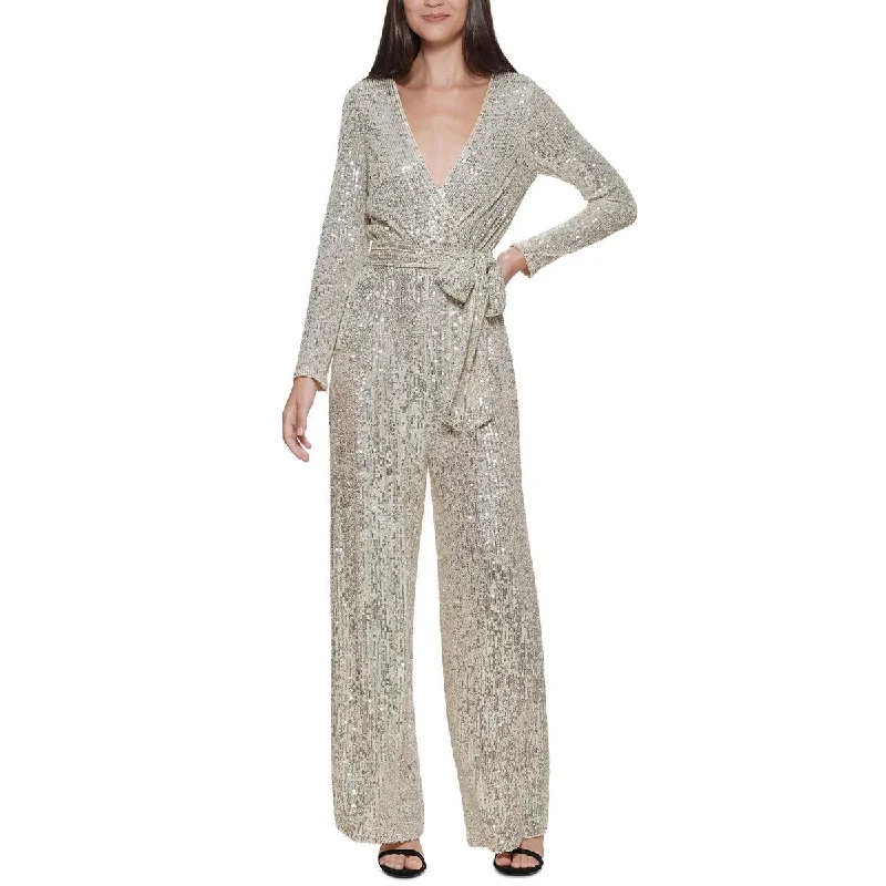 Day To Night Styles Eliza J Womens Petites Sequined Surplice Jumpsuit