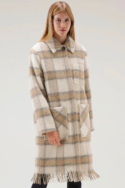 Elegant Clothing Brushed Wool Long Overshirt with Fringe Cream Check