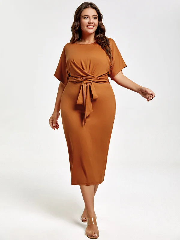 Women's Clothing for Every Season and Trend Plus Brown Ruched Tie Front Midi Dress