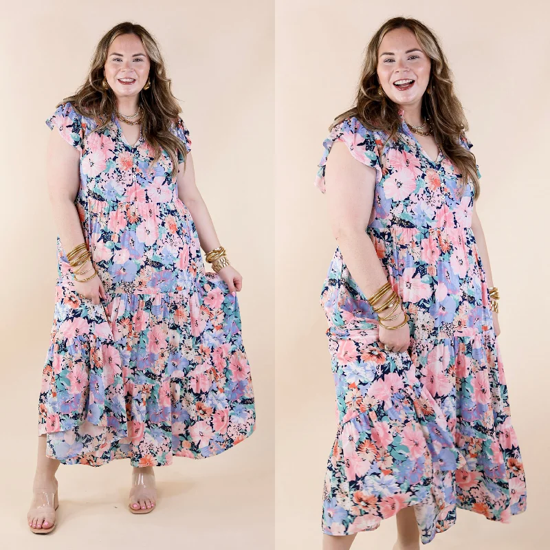 Timeless Elegance Redefined Strolling Down Sunset Floral Tiered Midi Dress in Pink and Blue Mix