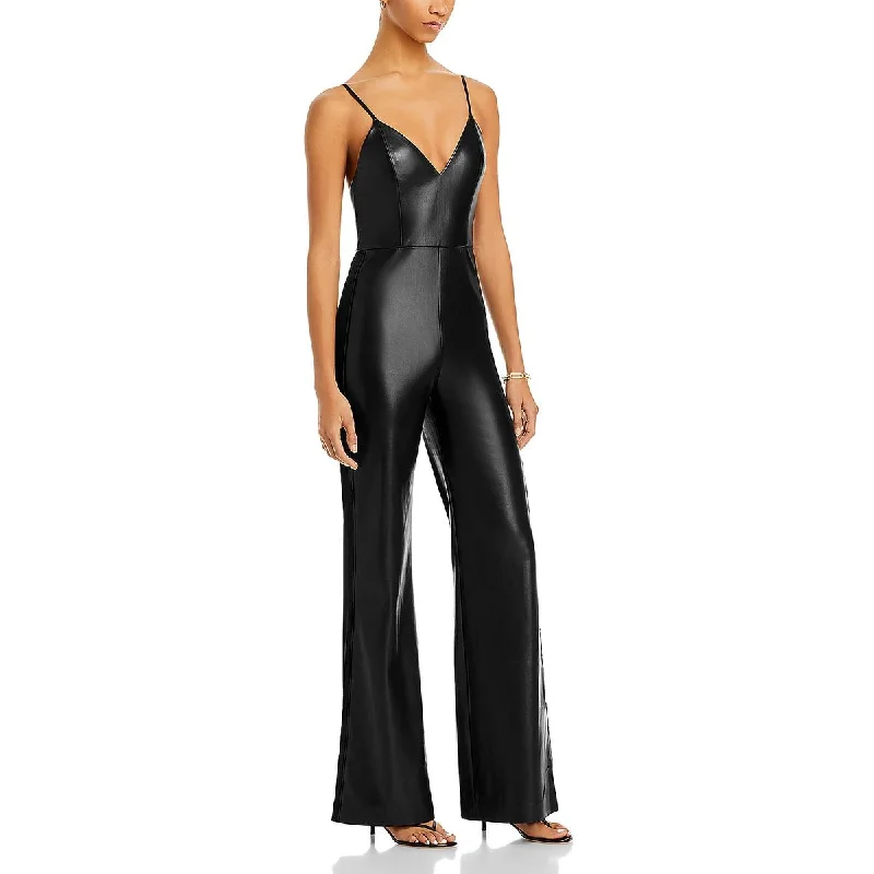 Women's Clothing Boutique Alice and Olivia Womens Christena Faux Leather Wide Leg Jumpsuit