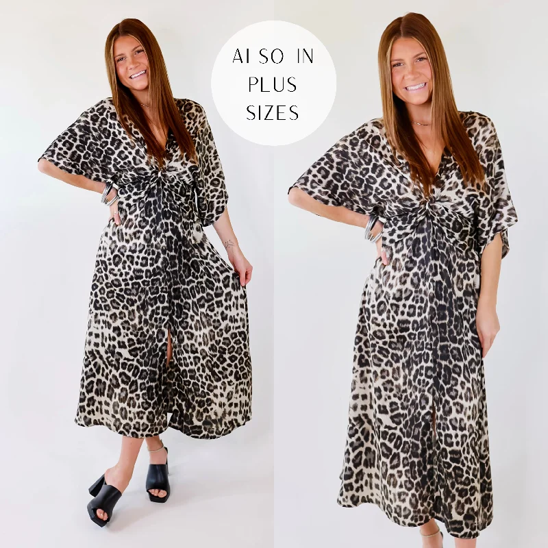 Trendy Attire For Her Take My Breath Away Front Knot Leopard Print Midi Dress in Grey