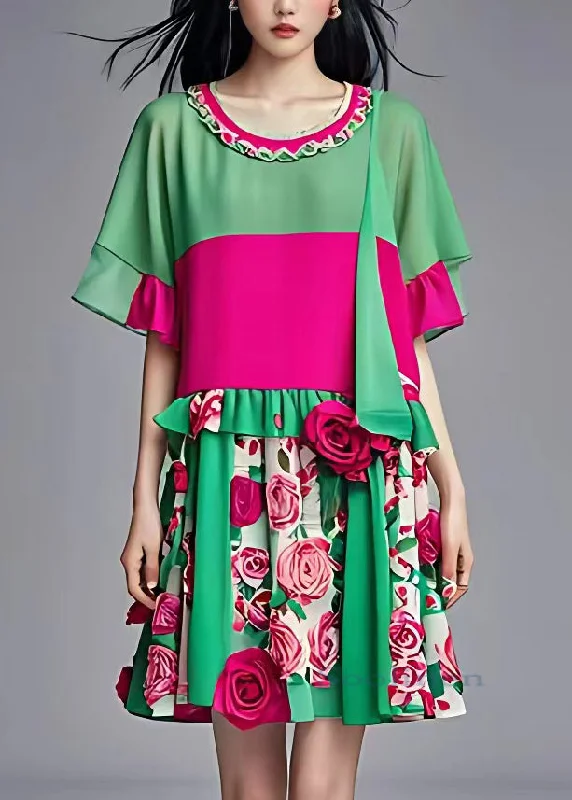 Sale On Clothing French Green O-Neck Floral Ruffled Patchwork Chiffon Mid Dress Summer