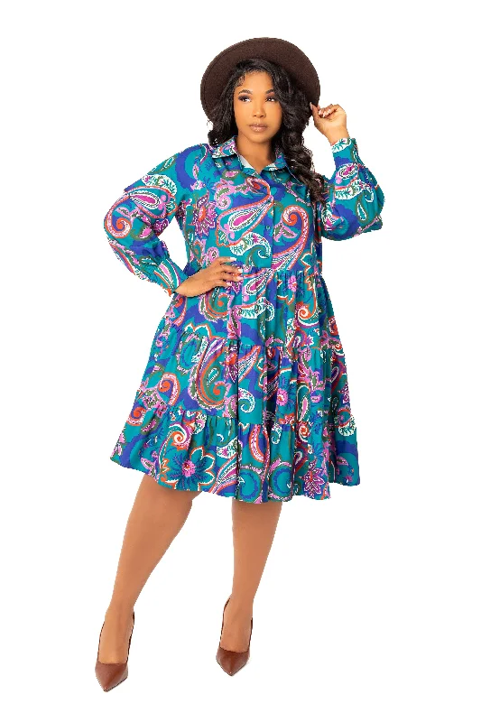 Comfortable Loungewear for Women Floral Long Sleeve Tiered Shirt Dress