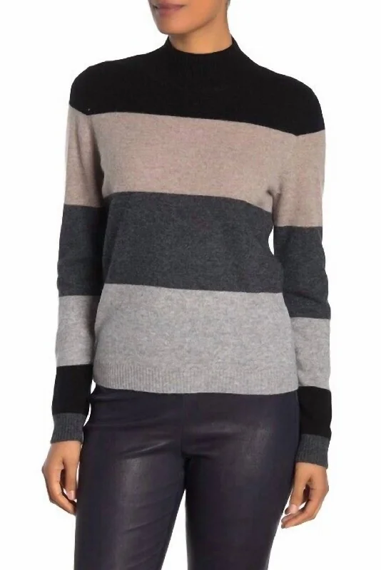 Women Wear Boutique Cashmere Pullover Mock Neck Wide Stripes Sweater In Multicolor