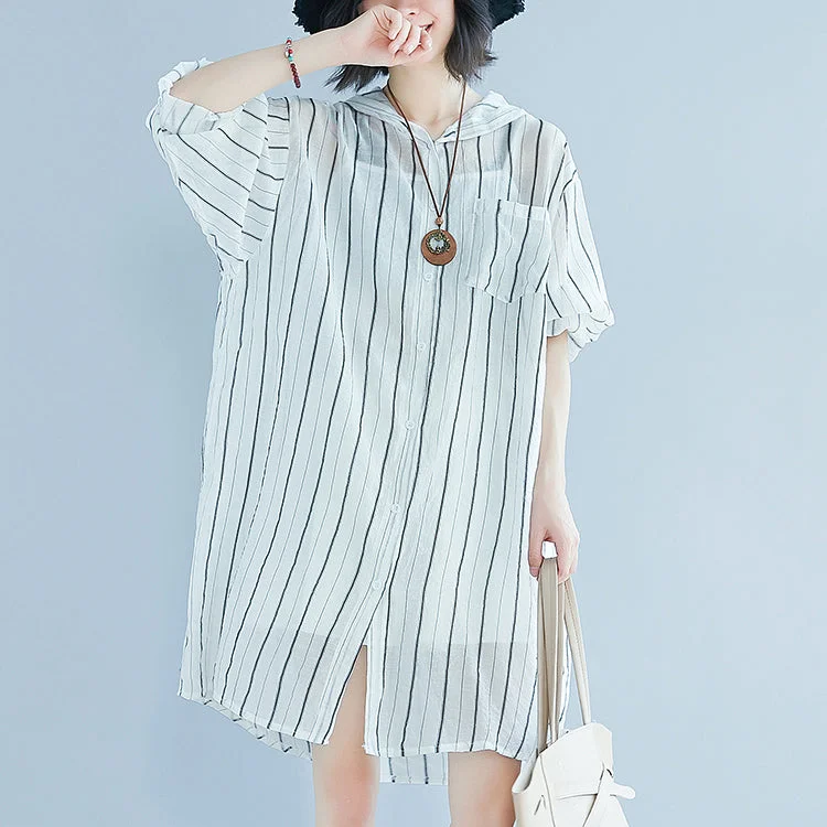 Clearance Sale women white pure cotton dress casual dress women long sleeve Hooded striped clothing dress