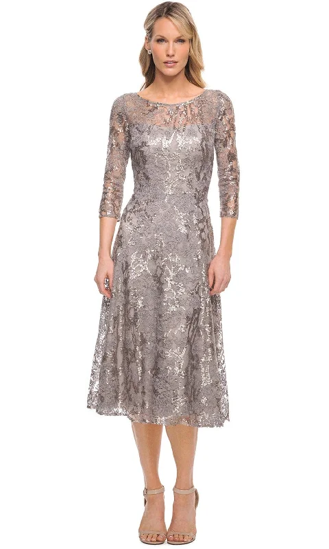 Plus Size Women's Fashion La Femme 29993 - Sparkly Embroidered Tea Length Dress