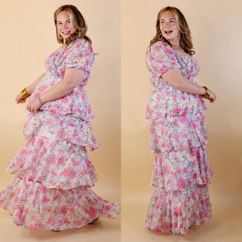 Stylish Savings Fun Feeling Floral Tiered Maxi Dress with Smocked Balloon Sleeves in Pink Mix