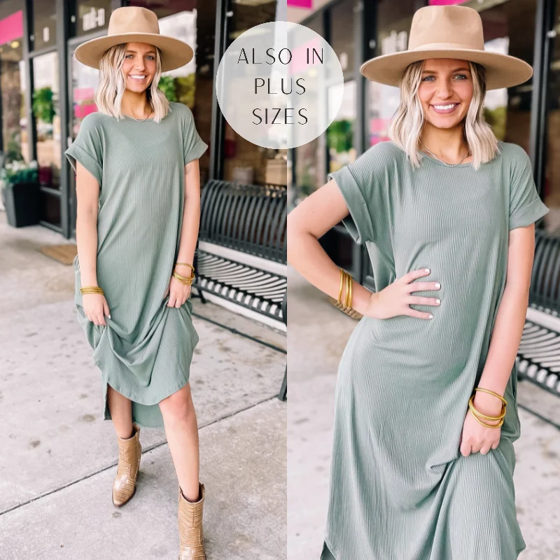 Versatile Outfits Chill Looks Short Sleeve Thin Ribbed Midi Dress in Olive Green