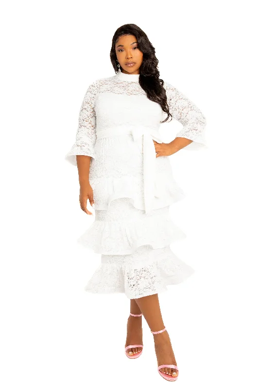 Fashion-forward Women's Clothing Lace Bell Sleeve Tiered Dress