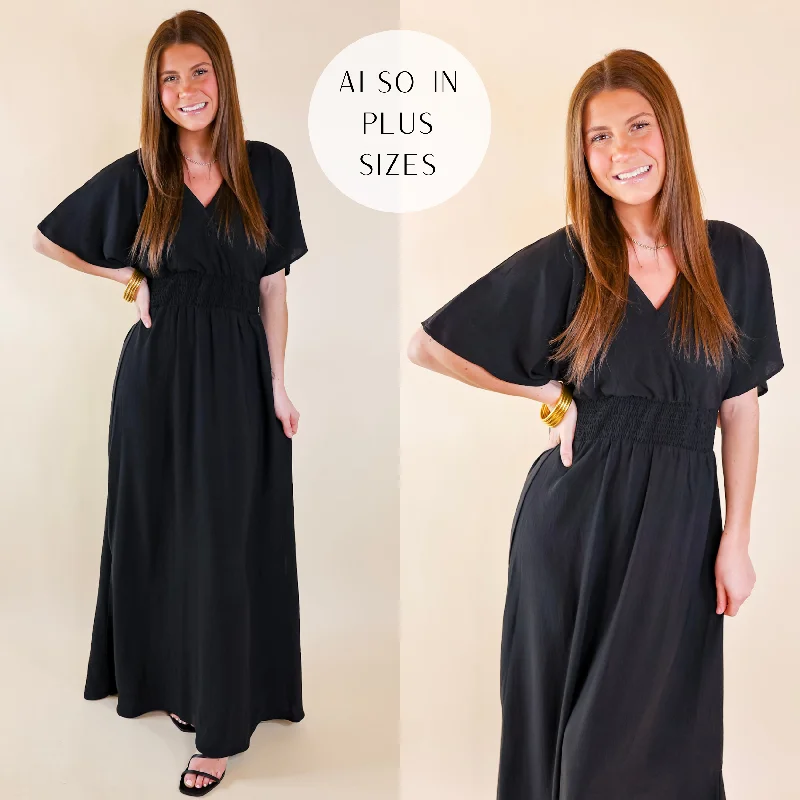 Casual Dresses for Women Last Chance Size Small & Medium | Wildly In Love V Neck Maxi Dress with Smocked Waist in Black