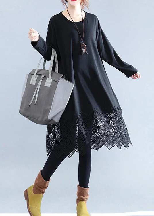 Trend Forward Threads For Her Fine Black Cotton Dresses Casual Cotton Clothing Dresses Fine Lace Ruffles Long Sleeve Cotton Dresses