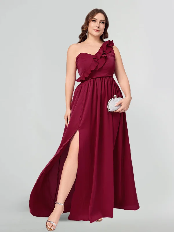 Trendy Women's Fashion Plus Burgundy One-Shoulder Ruffle High Slit Maxi Dress