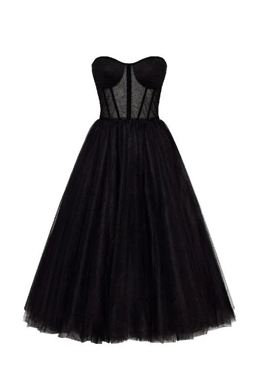 Budget-Friendly Fashion Black Strapless Puffy Midi Tulle Dress