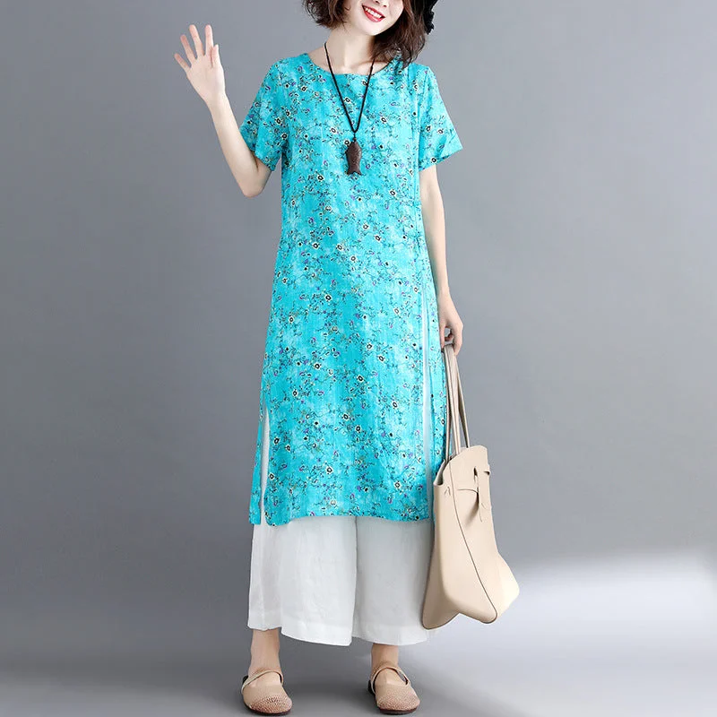 Sales For Clothes stylish blue cotton linen dresses Loose fitting short sleeve long cotton dresses vintage o neck traveling dress