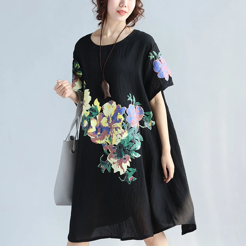 Latest Trends Elegant black prints pure linen dresses plus size clothing linen cotton dress vintage wild short sleeve o neck linen dress